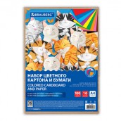 Набор цветного картона и бумаги А4 50+50 л., 10 цветов (картон мелованный + бумага офсетная) в коробке, BRAUBERG, 116421