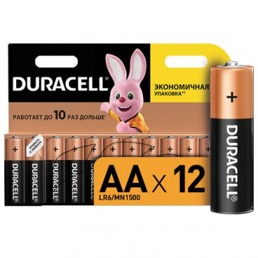 Батарейки КОМПЛЕКТ 12 шт., DURACELL Basic, AA (LR06, 15А), алкалиновые, пальчиковые, блистер